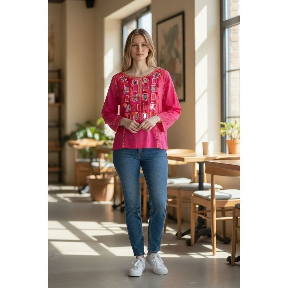 Tory Burch Sz 8 Women's Top Pink Embroidered Tassel Sequin Round Tunic Retro